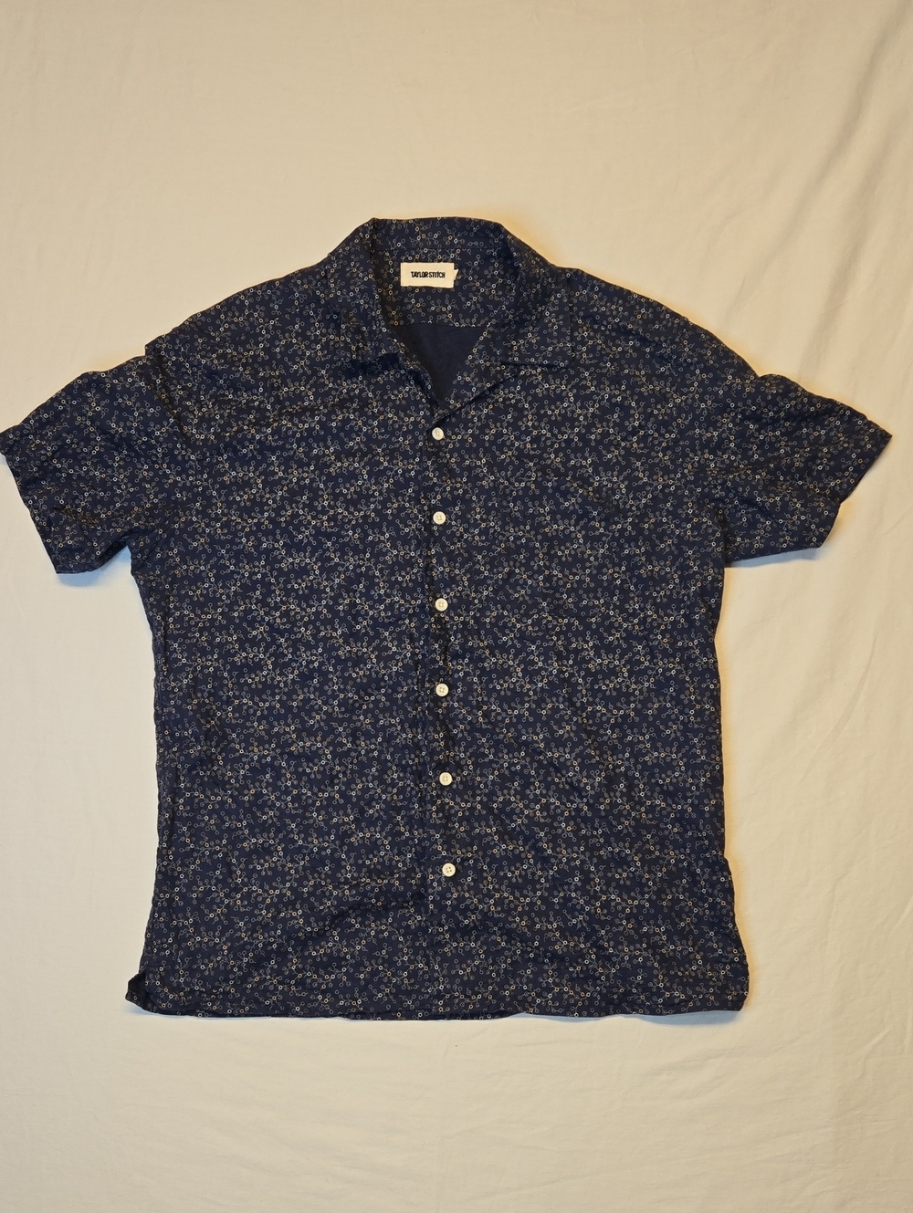 Taylor Stitch Navy Blue Micro Pattern Short Sleeve Button Down Linen Blend Shirt